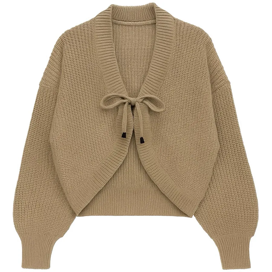 Produsen Rajut Bandung Sweater Cardigan Crop Top Premium Variasi Pita Tali 100% Bahan Akrilik Lembut