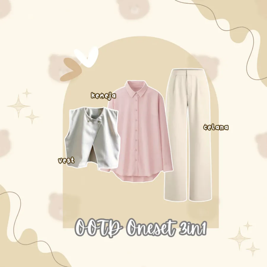 One Set OOTD Hijab Style (Vest + Kemeja + Celana) 3 in 1 Setelan Wanita Kekinian Remaja - LO07